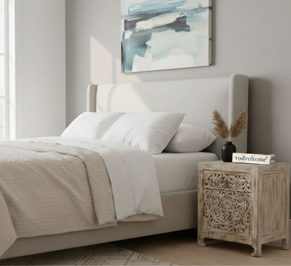 Vodrohome mango wood bedside table with one door and one drawer with distress finish – carved bedside with drawer 50x40x60cm S#053