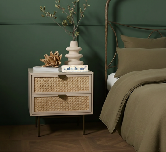 Vodrohome Solid Mango wood rattan bedside table with two drawers 50x45x61cm  S#005