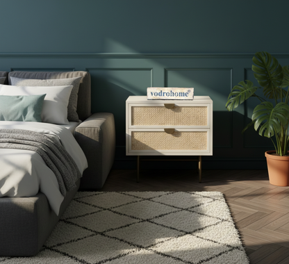 Vodrohome Solid Mango wood rattan bedside table with two drawers 50x45x61cm  S#005