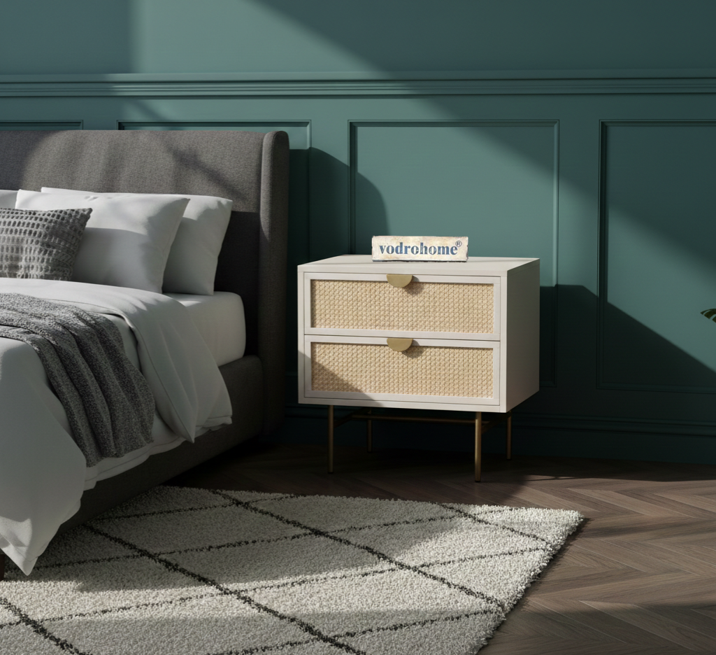 Vodrohome Solid Mango wood rattan bedside table with two drawers 50x45x61cm  S#005