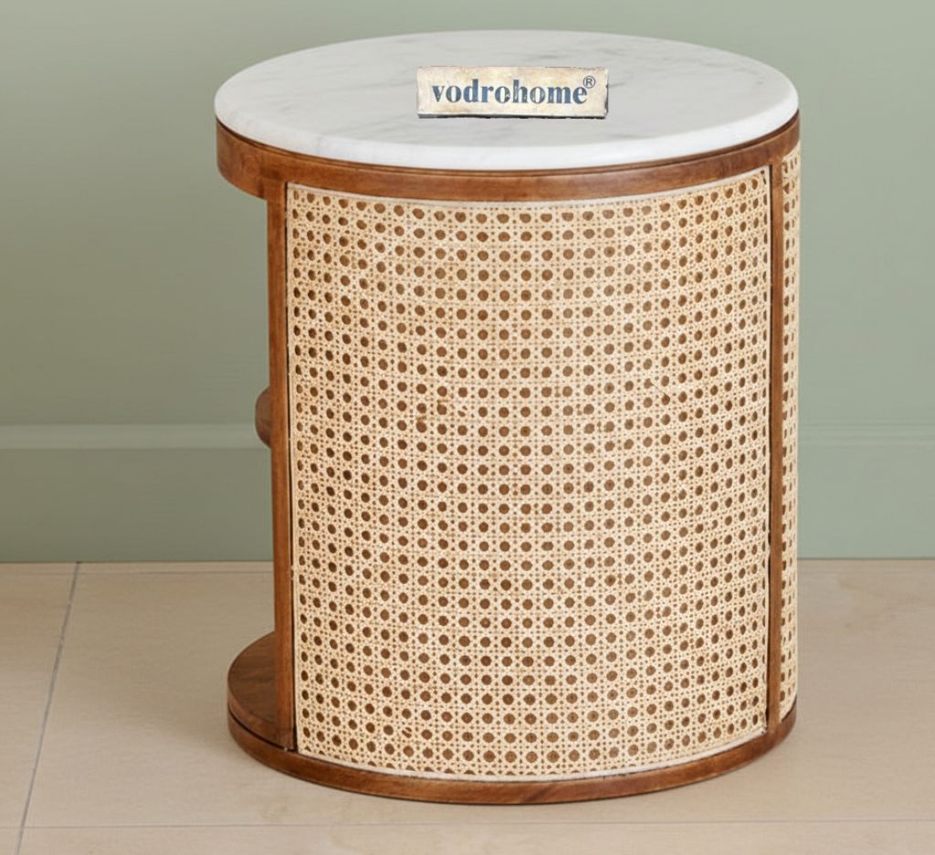 Vodrohome solid wood rattan side table with marble top – cane bedsite with open shelf – rattan cane round end table  40x40x45 cm S#036