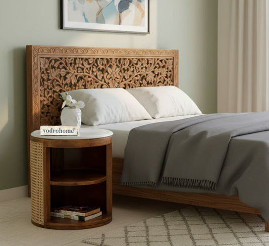 Vodrohome solid wood rattan side table with marble top – cane bedsite with open shelf – rattan cane round end table  40x40x45 cm S#036