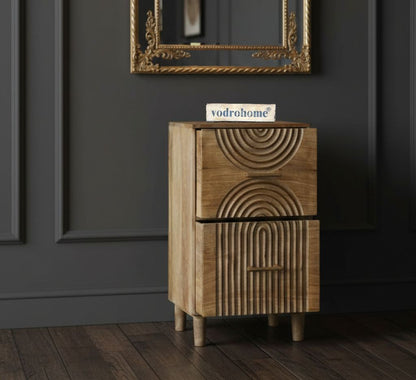 Vodrohome solid mango wood bedside table with boho style natural finish with two boxy drawers 51x38x70 cm S#027