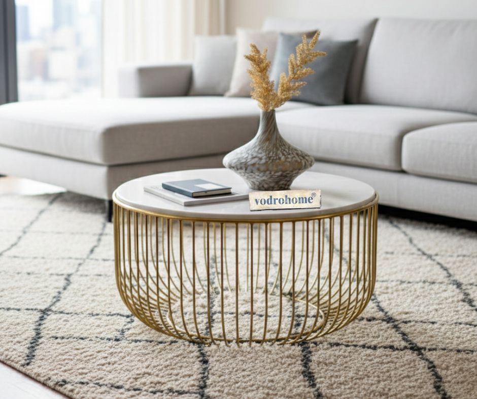 vodrohome brass gold coffee table –marble stone coffee table with iron base – basket  style center table with stone top for sofa and living C#072