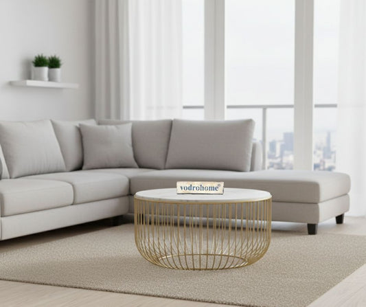vodrohome brass gold coffee table –marble stone coffee table with iron base – basket  style center table with stone top for sofa and living C#072