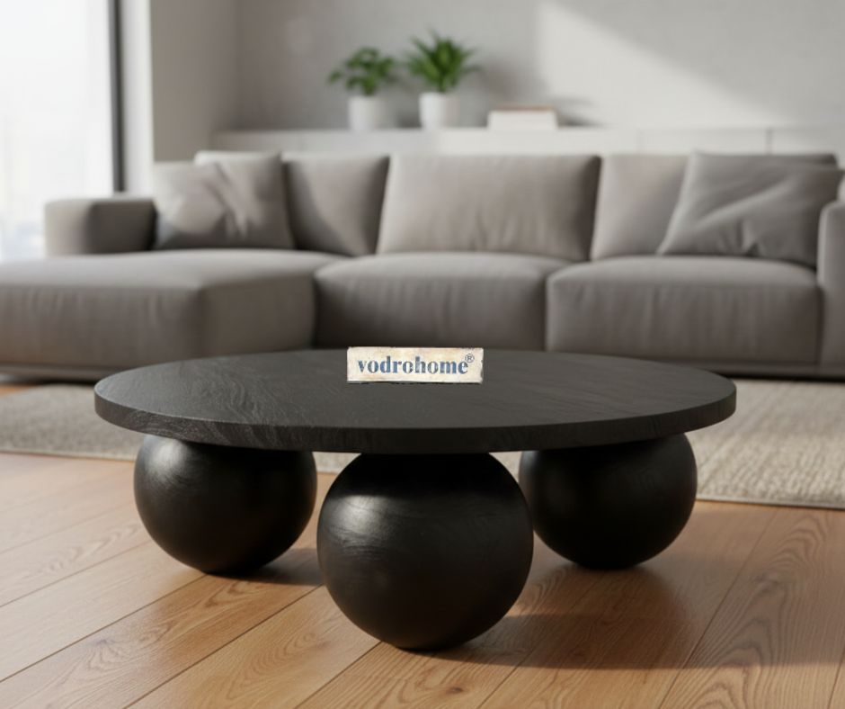 vodrohome solid mango wood modern coffee table – round coffee table with ball shape base – bohemian solid wood coffee table for office and living room C#058