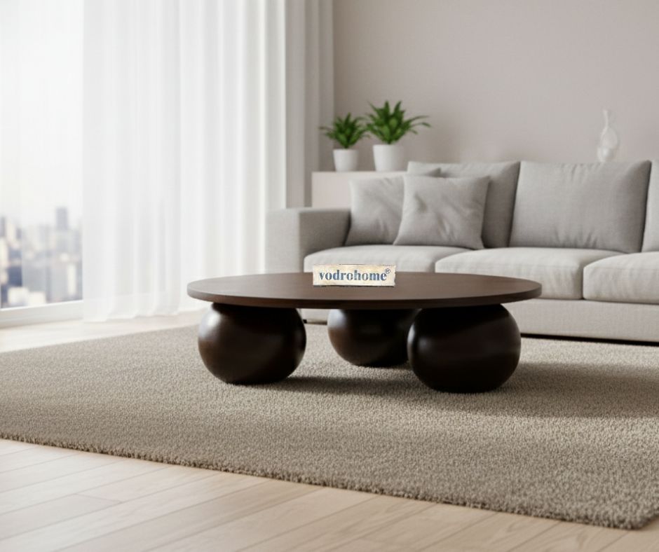 vodrohome solid mango wood modern coffee table – round coffee table with ball shape base – bohemian solid wood coffee table for office and living room C#058