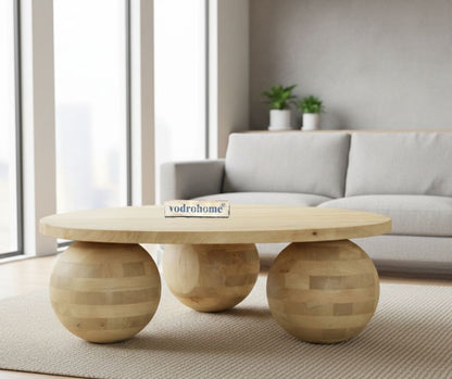 vodrohome solid mango wood modern coffee table – round coffee table with ball shape base – bohemian solid wood coffee table for office and living room C#058