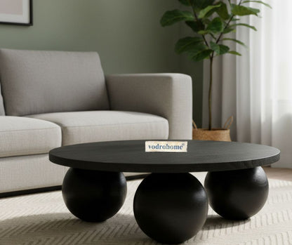 vodrohome solid mango wood modern coffee table – round coffee table with ball shape base – bohemian solid wood coffee table for office and living room C#058