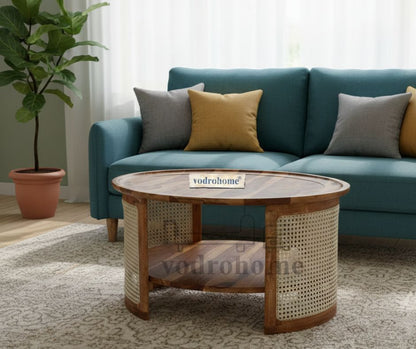 vodrohome Rattan Coffee Table – cane center table with shelf for storage – bohemian solid Sheesham wood coffee table for office and living room C#063