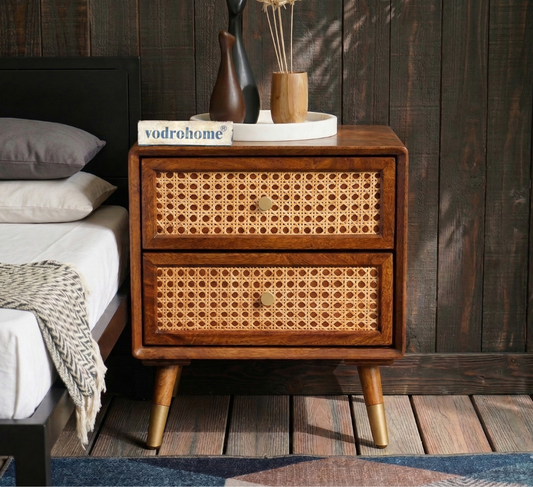Vodrohome Solid wood rattan bedside table - two drawers bed side end table night stand 45x35x50 cm  S#020