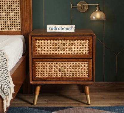Vodrohome Solid wood rattan bedside table - two drawers bed side end table night stand 45x35x50 cm  S#020