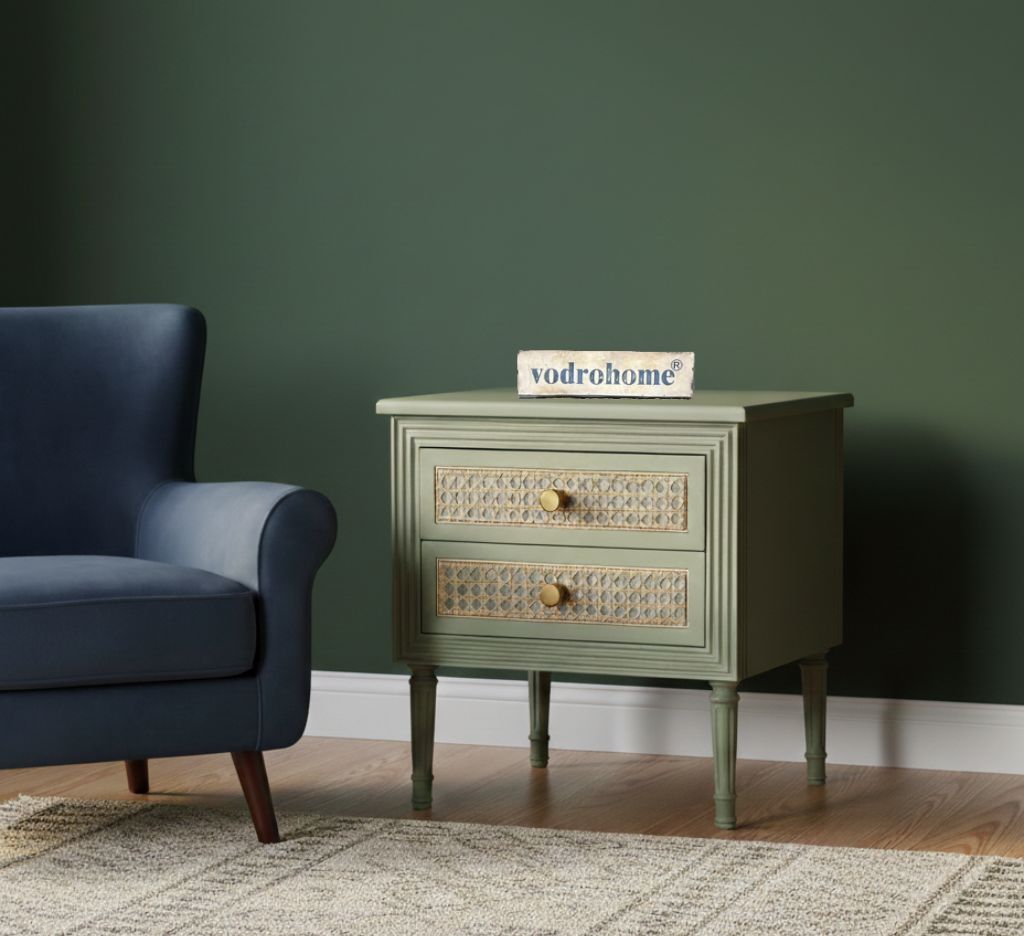Vodrohome solid wood rattan night stand table sage green - two drawers bed side table night stand 48x41x51 cm  S#034