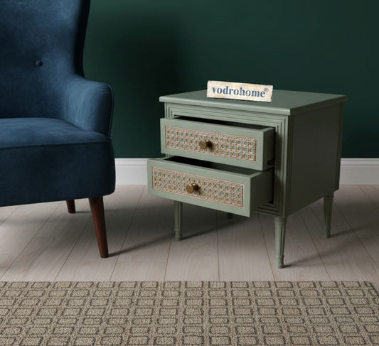 Vodrohome solid wood rattan night stand table sage green - two drawers bed side table night stand 48x41x51 cm  S#034