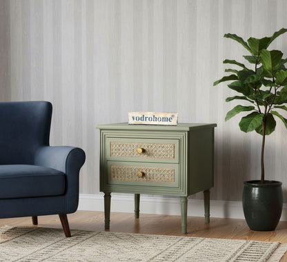 Vodrohome solid wood rattan night stand table sage green - two drawers bed side table night stand 48x41x51 cm  S#034