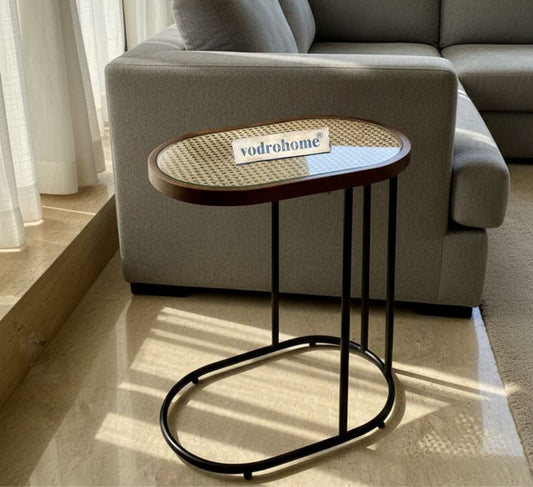Vodrohome rattan cane side table with glass top – bohemian solid mango wood cane iron sofa side end table – cane end table for living S#049