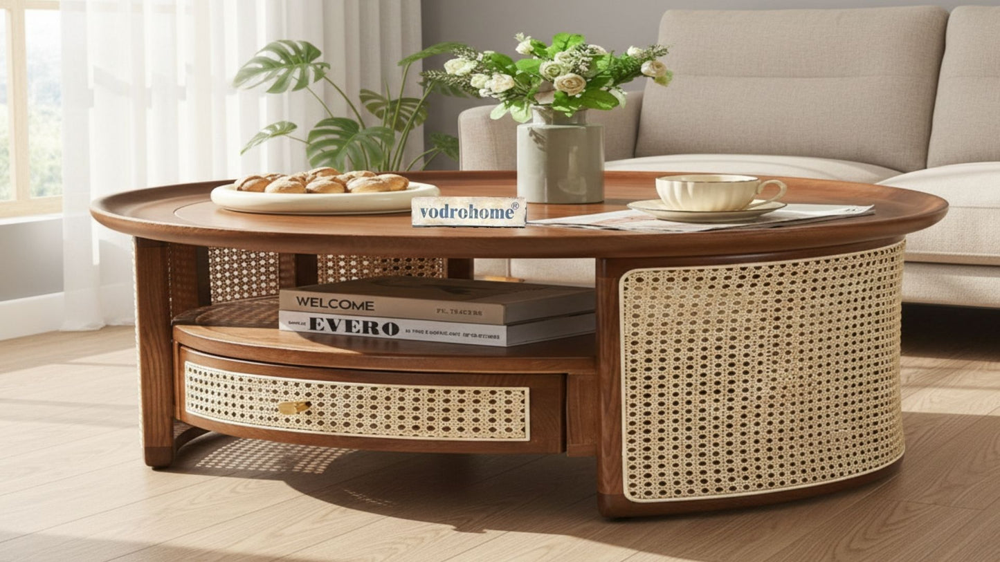 vodrohome Rattan Coffee Table With Drawer – cane center table with shelf for storage – bohemian solid mango wood coffee table for office and living room C#055
