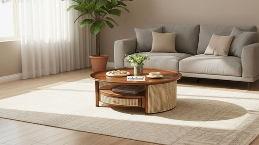 vodrohome Rattan Coffee Table With Drawer – cane center table with shelf for storage – bohemian solid mango wood coffee table for office and living room C#055