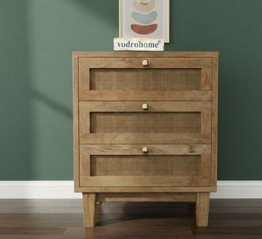 Vodrohome Solid wood rattan night stand table - three drawers bed side table night stand 47x50x62 cm  S#029