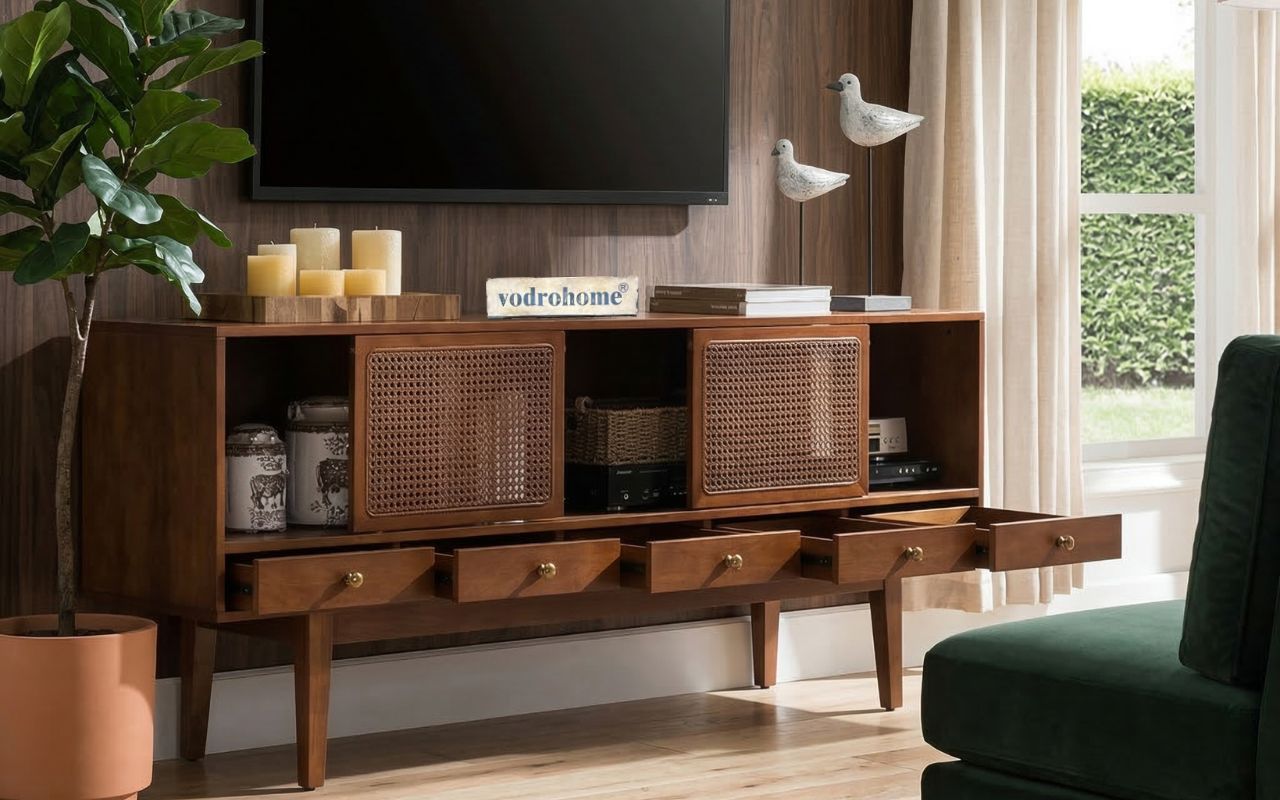 vodrohome marwar cane tv unit cabinet – solid mango wood tvc with sliding Doors – tv consol table with set up box storage TV#011