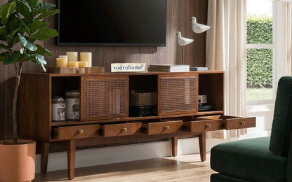 vodrohome marwar cane tv unit cabinet – solid mango wood tvc with sliding Doors – tv consol table with set up box storage TV#011