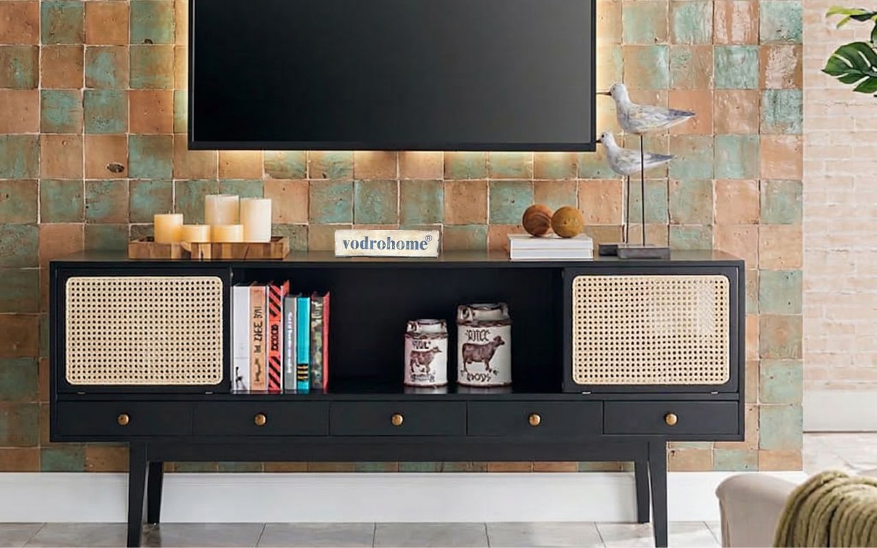 vodrohome marwar cane tv unit cabinet – solid mango wood tvc with sliding Doors – tv consol table with set up box storage TV#011