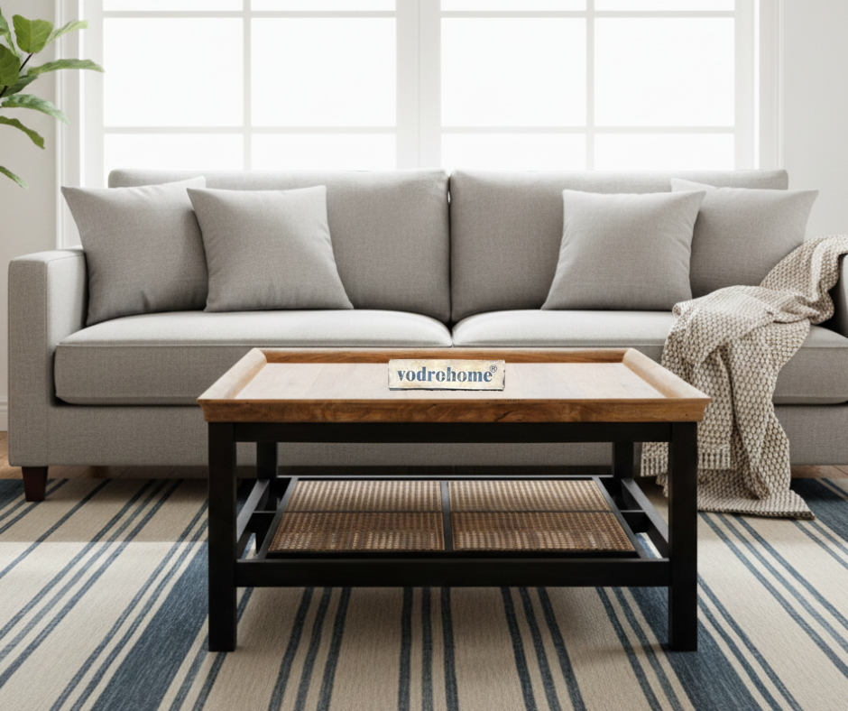 vodrohome solid mango wood coffee table with rattan cane - rectangle centre table ideal tea table for living rooms C#047