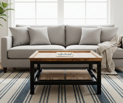 vodrohome solid mango wood coffee table with rattan cane - rectangle centre table ideal tea table for living rooms C#047