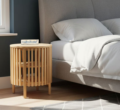 Vodrohome solid wood slatted side table with natural deco –bedsite with open shelf round end table  45x45x55 cm S#054