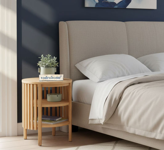 Vodrohome solid wood slatted side table with natural deco –bedsite with open shelf round end table  45x45x55 cm S#054