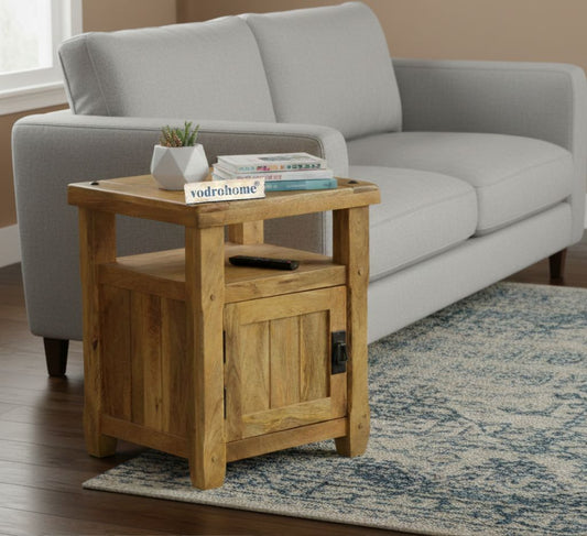 Vodrohome 1 Door 1 Open Shelf Bedside in Mango Natural Finish – industrial style night stand side table S#039