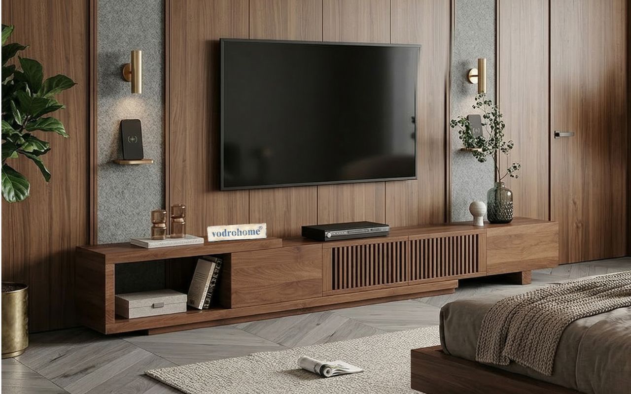 vodrohome modern Walnut Adjustable TV Console With Storage, Extendable TV Stand for TV 75 inch (after extend – 90 inches) TV#008