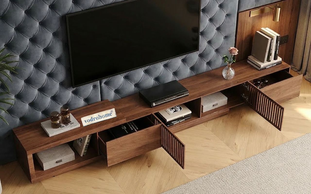 vodrohome modern Walnut Adjustable TV Console With Storage, Extendable TV Stand for TV 75 inch (after extend – 90 inches) TV#008