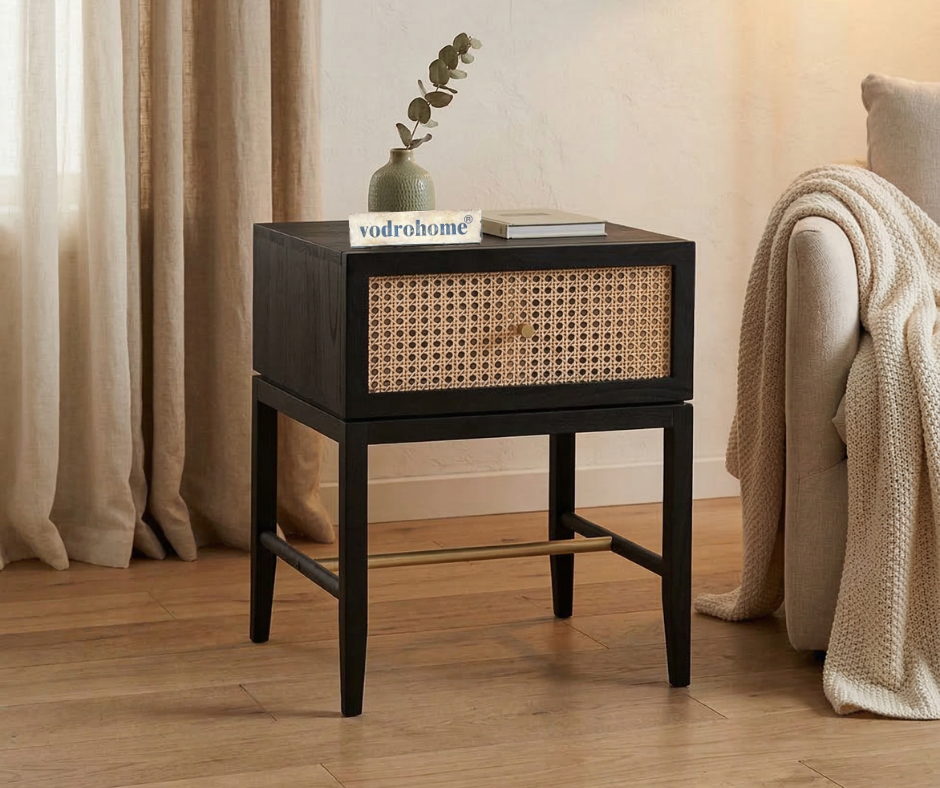Vodrohome Solid sheesham wood rattan bedside table with one drawers – sheeham wood end table 40x40x50 cm  S#007