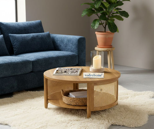 vodrohome Rattan Coffee Table – cane center table with shelf for storage – bohemian solid mango wood coffee table for office and living room C#034