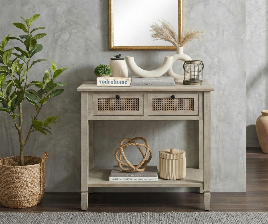 vodrohome  Raythan 2 Drawer cane consol table with open shelf for hallway - rattan console tables for entryway CO#006