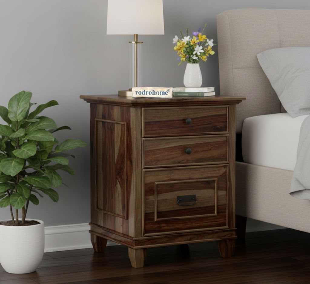 vodrohome Solid sheeham wood night stand table modern - three drawers bed side table 51x41x61 cm  S#032