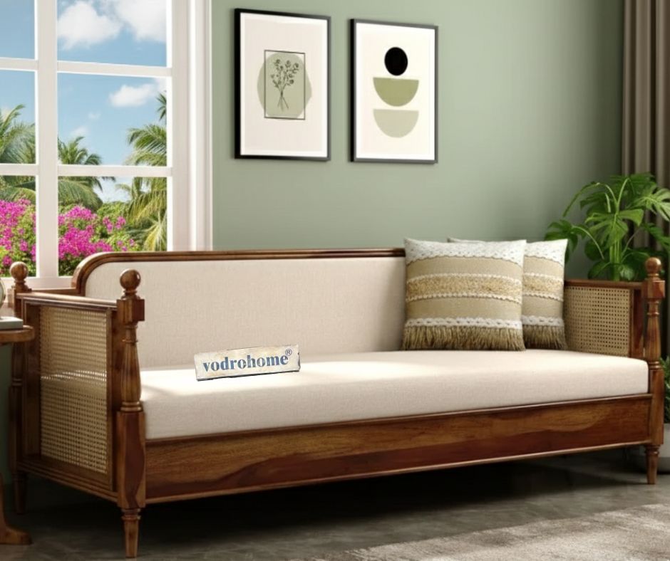Vodrohome solid sheesham wood rattan  Cane Divan Bed with Mattress – ethnic styke hand carved Indian day bed B#019