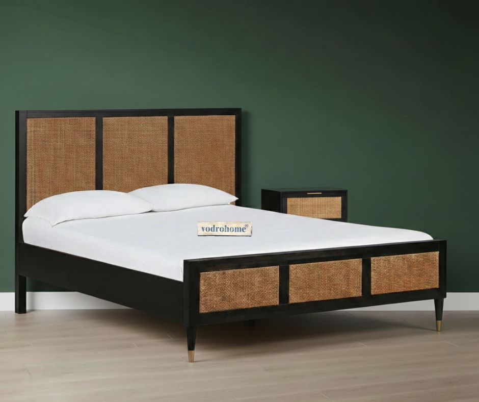 Vodrohome Marwar Rattan Cane Bed Solid Wood Black B#009