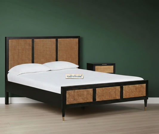 Vodrohome Marwar Rattan Cane Bed Solid Wood Black B#009