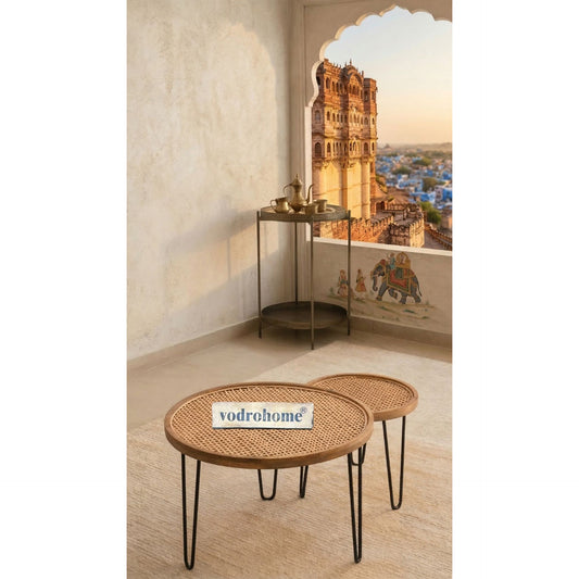 vodrohome cane solid wood coffee table - rattan round centre table with storage – nesting table for living rooms C#026