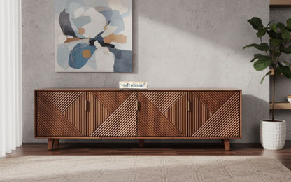 vodrohome luxury tv unit cabinet with geometrical design– solid sheesham wood tvc– tv consol table with set up box shelf  TV#014