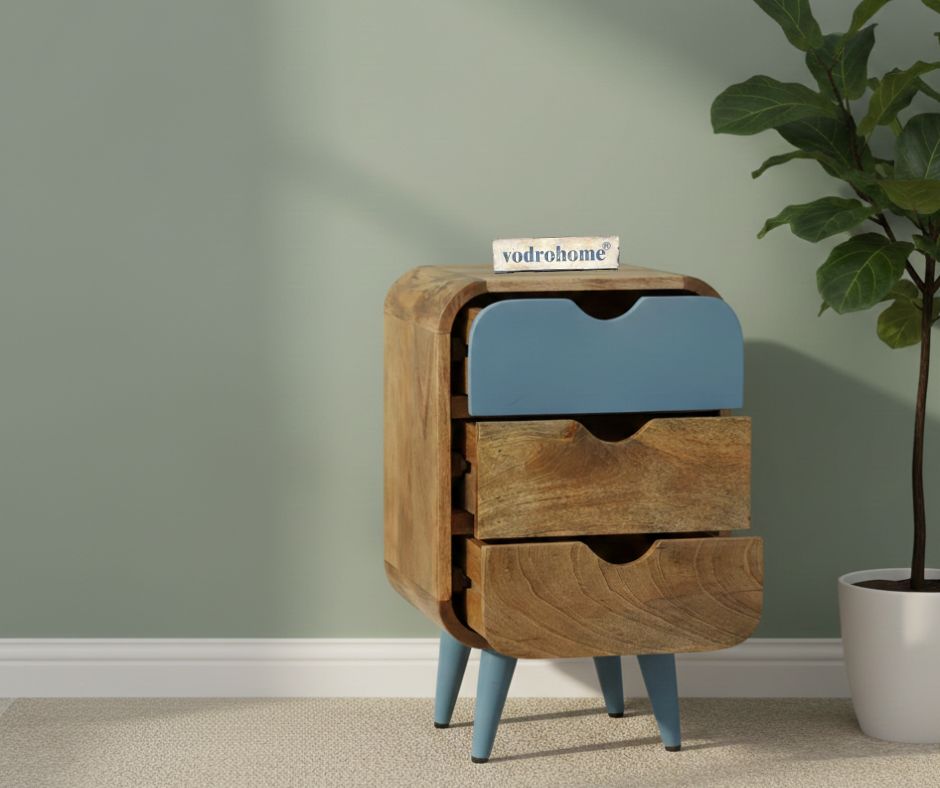 Vodrohome solid  wood mango wood bedside table – sea side bedside night stand with three drawer end table 41x35.5x61 cm  S#040