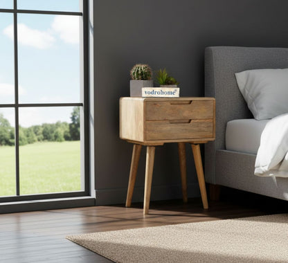 Vodrohome Solid mango wood bedside table with tapered legs - 2 drawers night stand end table 47x35x61 cm  S#028