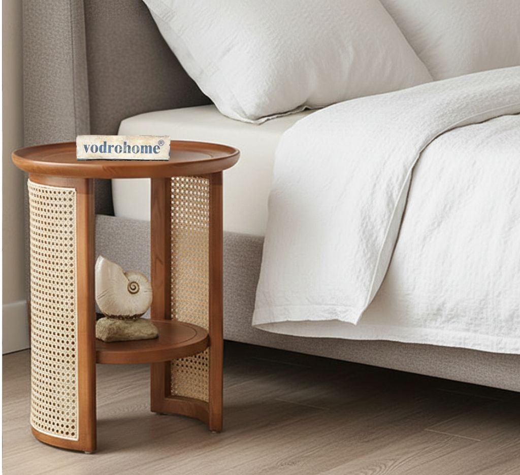Vodrohome Rattan Coffee side table with shelf for storage – bohemian solid Mango wood side table office and living room S#045
