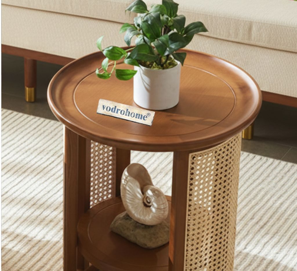 Vodrohome Rattan Coffee side table with shelf for storage – bohemian solid Mango wood side table office and living room S#045