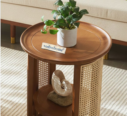 Vodrohome Rattan Coffee side table with shelf for storage – bohemian solid Mango wood side table office and living room S#045