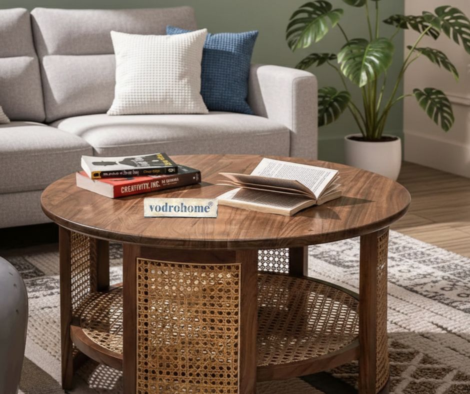vodrohome Rattan Coffee Table – cane center table with cane shelf for storage – bohemian solid Sheesham wood coffee table for office and living room C#035