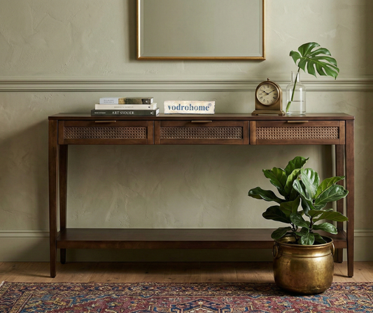 vodrohome Rattan Inspired Drawer Console – acacia wood 3 drawer consol – consol with open shelf – entryway table CO#008