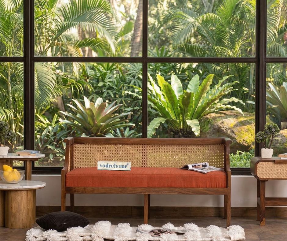 vodrohome two seater rattan cane sofa with wooden frame teak finish| fabric lounge sofa | cotton linen sofa SO#023